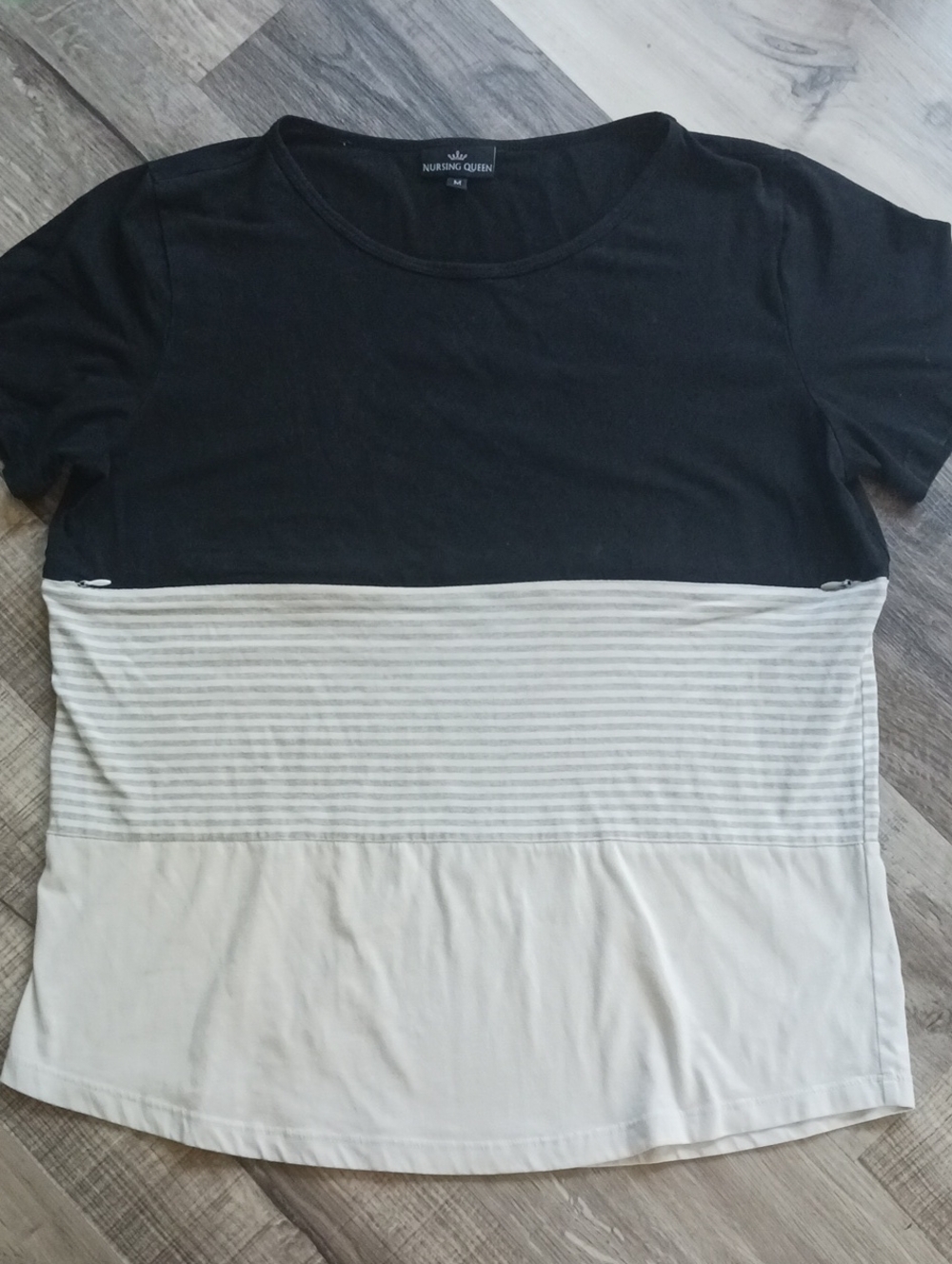 Nursing Queen Cotton Black and Light Gray Striped Panel Nursing Tee